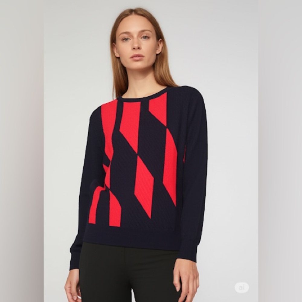 ST. JOHN Abstract Geometric Print Crewneck Sweater Navy Red Nautical Size XL